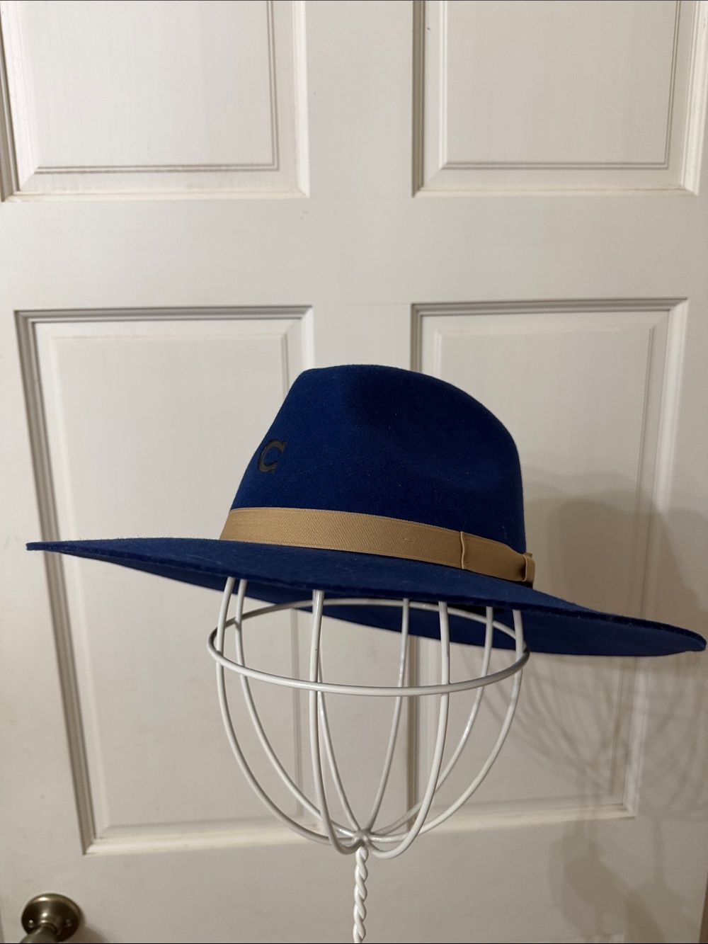Classic Wide-Brim Felt Hat in Navy with Tan Band - Picture 6 of 8